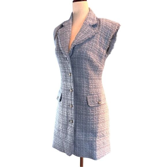 NWOT Maeve by ANTHROPOLOGIE Button Shirt Dress Tweed Light Blue Lined 2 Petite - Picture 9 of 12